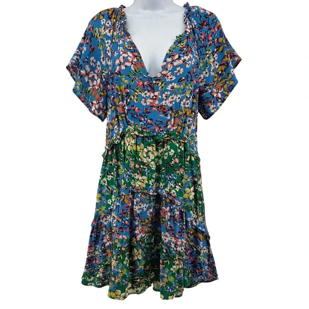 Anthropologie Robin Tiered Mini Dress Blue Green Floral Boho Cottagecore S